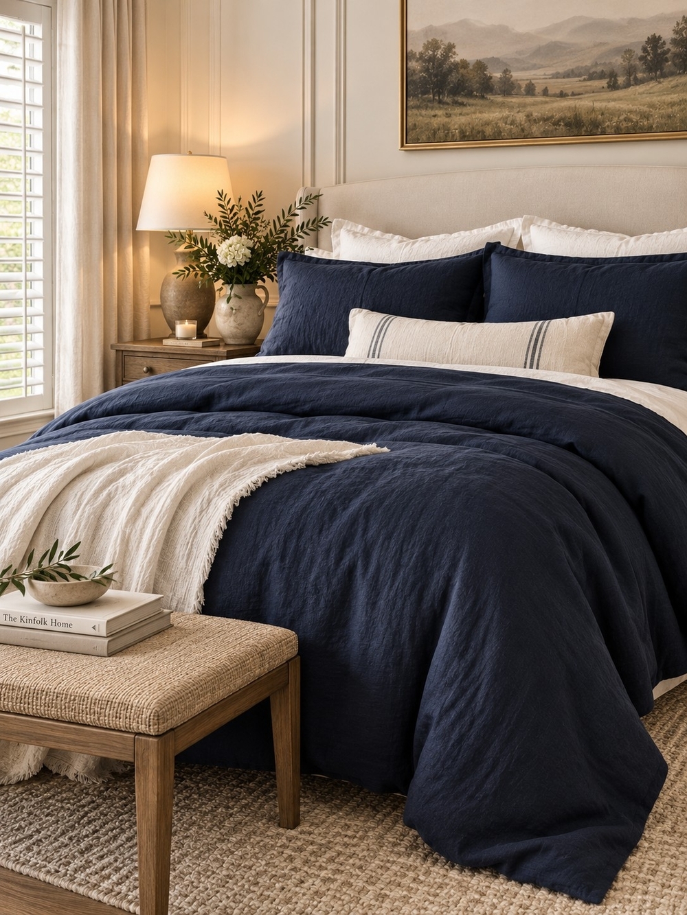 Quince European Linen King Cal King Duvet Set 2 Shams Navy 3 Piece